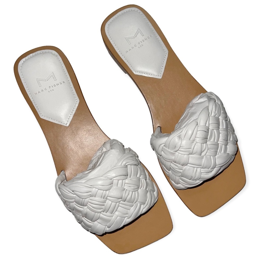 MARC FISHER Sandals Reanna Slide White Woven Leather Vamp Flat Heel Sandal NIB